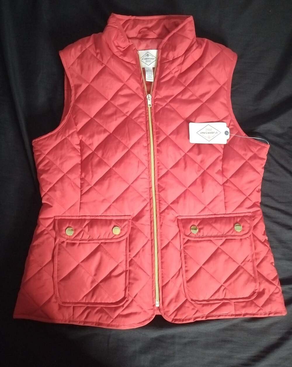 St. John's Bay Women's Red Quilted Puffer Vest Full Zip Gold Accents Size S New